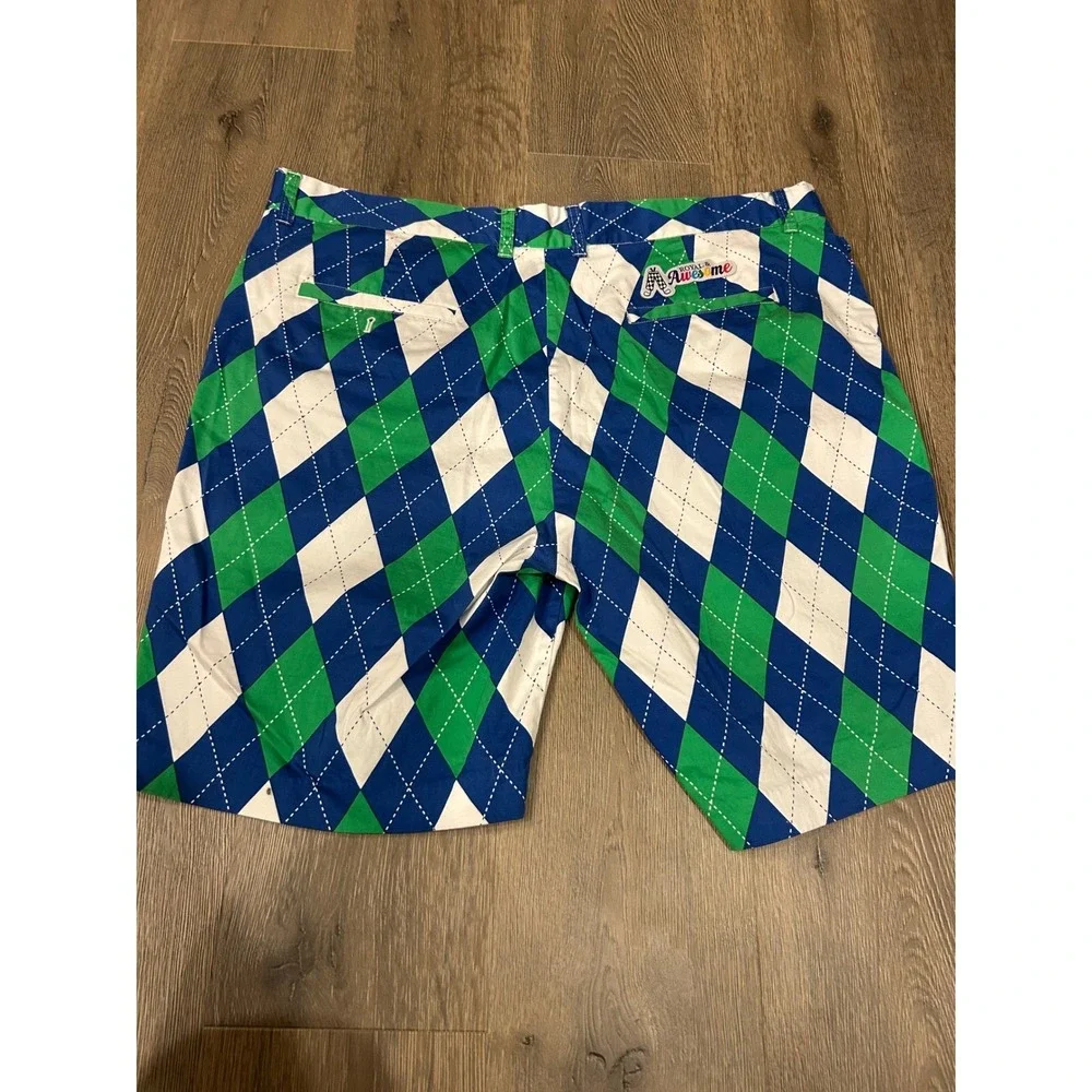 Royal & Awesome Mens Blue Green Argyle Golf Shorts Size 44 Flat Front Loud Mouth